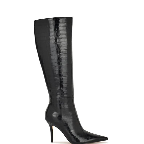 New Nine West Black Embossed Croc Knee High Boots 8.5 - Picture 1 of 3